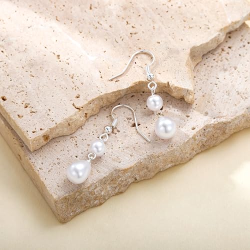 Robaice Pearl Earrings for Women, 14K Gold Plated Dangle Drop Earrings | Small Pearl Drop Huggie Hoop Earrings, Hypoallergenic Dainty Gold Earrings, Wedding Jewelry Gifts for Women Trendy - style: silver two pearl earrings