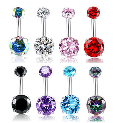HQLA 14G Belly Button Rings Surgical Stainless Steel Round Cubic Zirconia Navel Barbell Stud Body Piercing - color: 8pcs