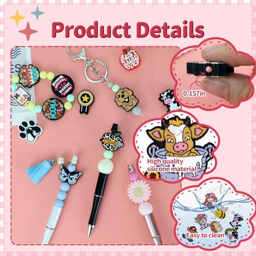 12pcs Cow Silicone Focal Beads for pens | Focal Beads for Keychain Making,Pens,Bracelet,Necklace Crafts,Bulk Silicone Beads for DIY（Cow） - color: Cow