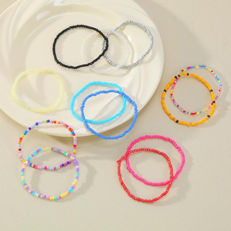 8-20Pcs Colorful Bohemia Seed Beaded Bracelets Handmade Adjustable Stackable Rainbow Beads Stretch Bracelets Anklet Multilayer Vacation Elastic Bangle for Women Summer Beach Boho Jewelry Gift - style: 12pcsC