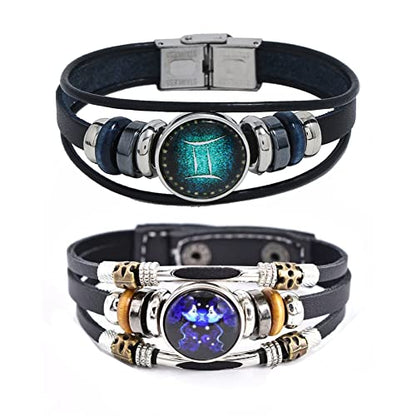 2Pcs Multilayer Constellation Zodiac Leather Bracelet Handmade Woven Zodiac Sign Wrap Bracelet Wristband for Women Men Jewelry Birthday Gift - color: F:Gemini(5/21 - 6/21)