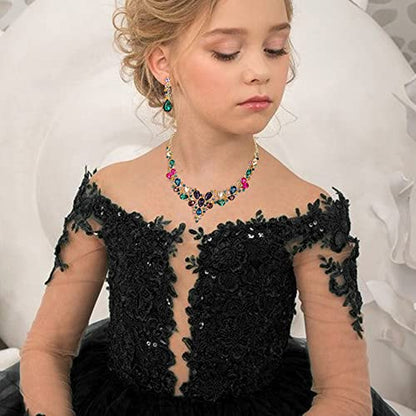 Wedding Statement Necklace Clip-on Earrings Jewelry Set | Sparkling Austrian Crystal Teardrop Cluster for Party Prom Accessories - color: 13-Multicolor Gold-Tone