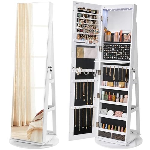 SONGMICS 6 LEDs Lockable Mirror Jewelry Cabinet, 360° Swivel Jewelry Organizer Armoire Standing, Frameless Full-Length Mirror, 3 Storage Shelves, White Surface, Black Lining UJJC007W01 - color: White + Black, size: 14.6" Mirror