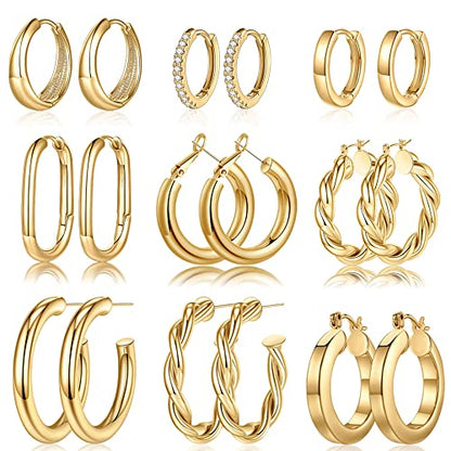 9 Pairs Gold Hoop Earrings for Women, 14K Real Gold Plated Chunky Hoop Earrings Set for Women Hypoallergenic Thick Lightweight Earring for Womens Jewelry Gifts - color: 14K-Gold-Plated
