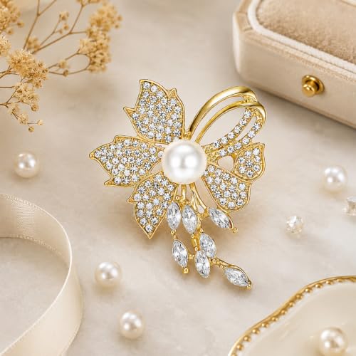 Crystal Floral Pin with Rhinestones, Crystal Floral Pin, Golden Pearl Flower Brooch Pins for Women