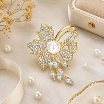 Crystal Floral Pin with Rhinestones, Crystal Floral Pin, Golden Pearl Flower Brooch Pins for Women