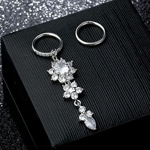 THUNARAZ 14G Hoop Belly Button Rings for Women CZ Clicker Navel Piercing | Surgical Stainless Steel Belly Navel Rings, Hoop Heart Butterfly Dangle Belly Piercing Jewelry - color: Silver Tone-Dangle