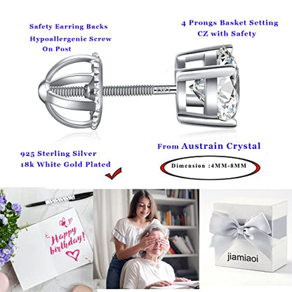 Jiamiaoi Stud Earrings Screw Back Sterling Silver Cubic Zirconia Stud Earrings Set 4 Millimeters-8 Millimeters Nickle Free Hypoallergenic Earring Studs - color: F-Round Zircon, size: 6mm