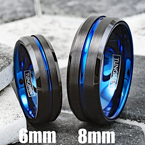 Engraved Personalized 6mm/8mm Brushed Finish Black Tungsten Carbide Band Ring w/Brilliant Thin Blue Line Stripe, Matching Blue Inner Band & Black Beveled Edges.