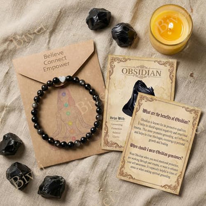 Bivei Crystal Stretch 6mm Bracelets for Women | Handmade Natural Stone Beaded Stretch Bracelet, Stainless Steel Heart Bead, Tranquility Yoga Gift Jewelry for Women - color: Obsidian - Protective