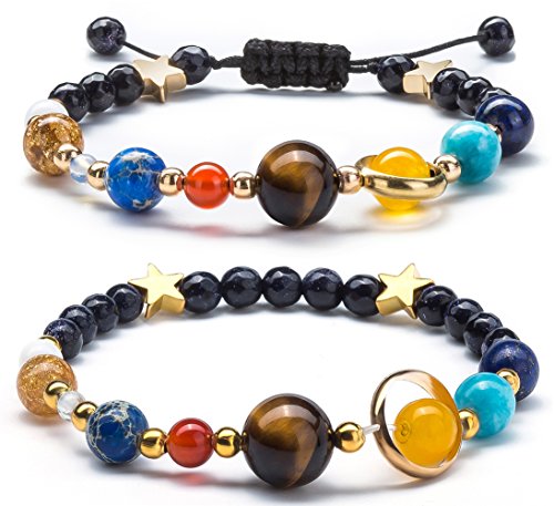 Fesciory Solar System Bracelet for Women, Universe Galaxy Beaded Jewelry | Natural Stone Beads, Universe Galaxy Design, Guardian Star Charm, Adjustable Fit, Birthday & Astronomy Planet Gifts for Loves - color: 2 Pcs Set