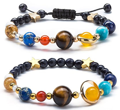 Fesciory Solar System Bracelet for Women, Universe Galaxy Beaded Jewelry | Natural Stone Beads, Universe Galaxy Design, Guardian Star Charm, Adjustable Fit, Birthday & Astronomy Planet Gifts for Loves - color: 2 Pcs Set