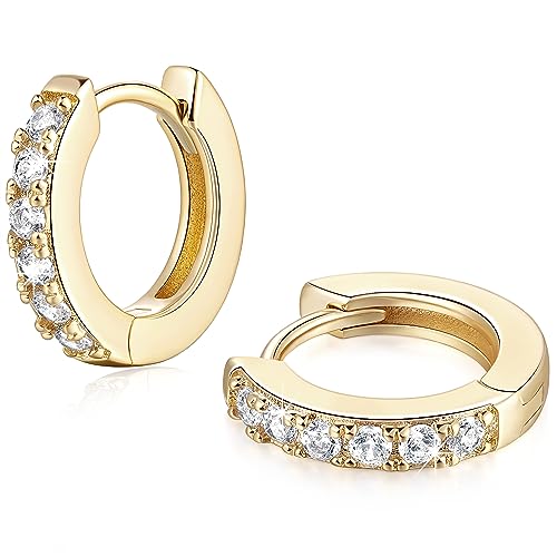 NEARLAND 14K Gold Hoop Earrings for Women 14K Gold Earrings for Women | Small Gold Hoop Earrings for Women Round Cubic Zirconia Lightweight Gold Huggie Hoop Earrings for Women 12/14/16/20/25/30mm - size: 12mm