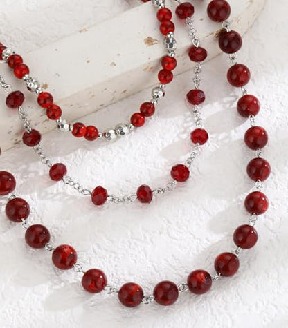 Noessla Layered Beaded Necklaces for Women - 3 Strand Boho Statement Choker Fashion Jewelry Gifts - color: Red