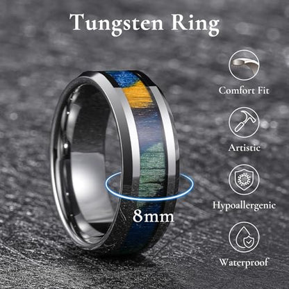 King Will Tungsten Wedding Band Wood Inlay for Men Black Beveled Edge | Black, 8mm, Beveled Edge, Comfort Fit, Wood inlay, Promise Gift - color: Colorful Wood Chips-Gunmetal