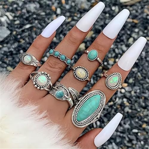 Bohemian Turquoise Ring Set for Women,Vintage Western Rings Chunky Turquoise Opal Stackable Knuckle Ring Set Punk Midi Finger Ring Pack Boho - style: Ring set-A