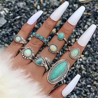 Bohemian Turquoise Ring Set for Women,Vintage Western Rings Chunky Turquoise Opal Stackable Knuckle Ring Set Punk Midi Finger Ring Pack Boho - style: Ring set-A