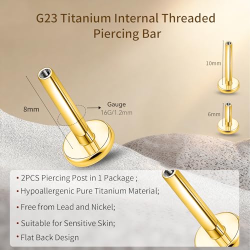 limerencia 16G/18G Hypoallergenic Internal Threaded Titanium Bar Post Replacement,Flat Back Stud Earrings Post Medusa Helix Couch Labret Bar for Women Men Sensitive Ears(A Pair) - color: gold tone, size: 16G-8mm