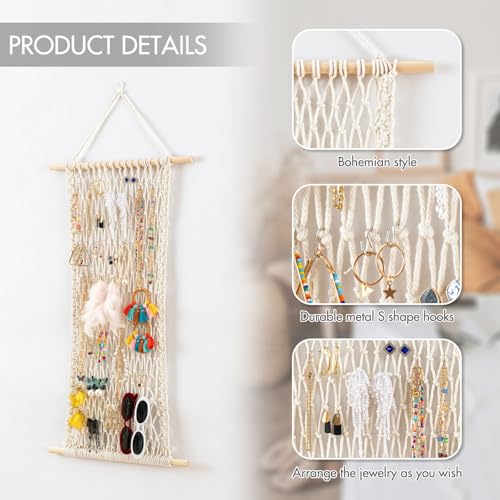 Hanging Jewelry Mesh Organizer with 20 Pieces S Shape Hooks | Macrame,Wall Mounted,Necklaces Storage,Earring Display Rack,Girls Hair Clips Hanger,for Bracelets and Rings, Beige - color: beige