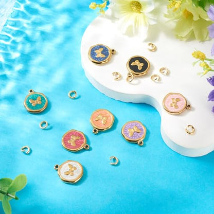 8Pcs Cute Butterfly Enamel Charms Stainless Steel Pendant Mixed Color Flat Round with Butterfly Dangle Charm Golden for DIY Necklace Earring Keychain Jewelry Making - color: Butterfly