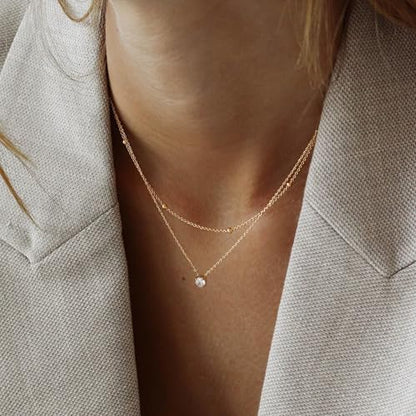 Layered Choker Necklace for Women Stackable Chain Dainty Zircon Pendant Set | 2PCS, Silver/14K Gold Plated, Box/Ball/Rope/Lip chain, Layering Diamond Cut CZ Pendant, Dainty Thin Chain, Trendy Prom Gift - color: Gold, style: Style 01