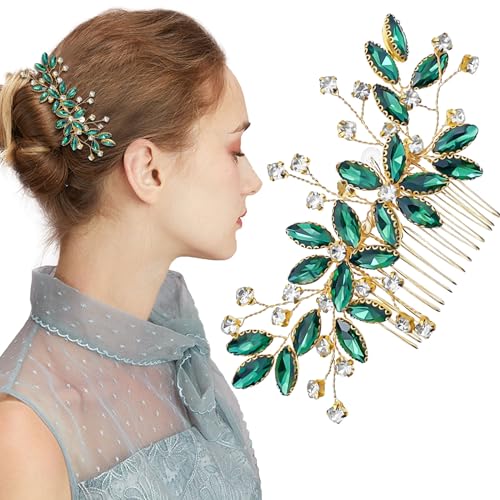 Green Crystal Bride Wedding Hair Side Comb Green Leaf Rhinestone Gold Hair Vine Rhinestone Bride Headpiece Jewelry Wedding Hair Accessories for Women