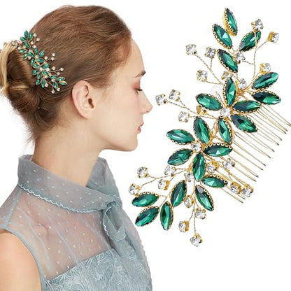 Green Crystal Bride Wedding Hair Side Comb Green Leaf Rhinestone Gold Hair Vine Rhinestone Bride Headpiece Jewelry Wedding Hair Accessories for Women