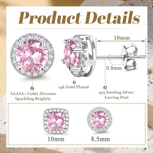 18K Gold Plated Halo Stud Earrings 925 Sterling Silver Cubic Zirconia Stud Earrings Round Square Diamonique Stud Earrings Set for Women Men - color: Silver&Pink