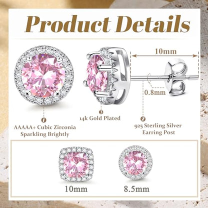 18K Gold Plated Halo Stud Earrings 925 Sterling Silver Cubic Zirconia Stud Earrings Round Square Diamonique Stud Earrings Set for Women Men - color: Silver&Pink
