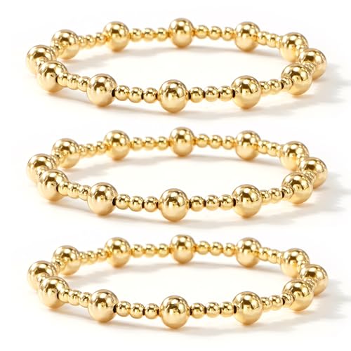 14K Gold Plated Beaded 3Pcs Stack Bracelets for Women, Dainty Trendy Freshwater Stackable Pearl Paperclip Cross Chain Gold Balls Stretch Accessories Jewelry Vacation Gift - color: gold