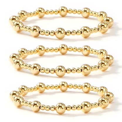 14K Gold Plated Beaded 3Pcs Stack Bracelets for Women, Dainty Trendy Freshwater Stackable Pearl Paperclip Cross Chain Gold Balls Stretch Accessories Jewelry Vacation Gift - color: gold