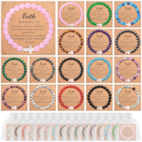 Kingdder 16 Set Christian Cross Beaded Bracelets Bulk with Inspirational Cards Organza Bags, Natural Stone Religious Gifts for Women Men Church Sunday School Communion Vacation Bible School