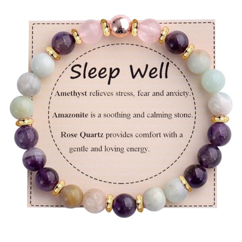 KSQS Healing Stone Bead Bracelet for Women, Natural Gemstones Balance Protection Bracelet, Spiritual Crystal Beads Bracelet Anxiety Relief with Meaning Card - color: Sleep Well