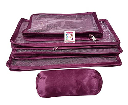atorakushon Combo Satin Purple Make-Up Pouch Jewellery Box 4 Pouch 1 roll Bangle Bag with Velvet Cream Ring & Earring Folder Jewellery Organizer/Storage Box - style: Combo Jewelry Pouch + Ring Box + 1 Eaering Folder Box