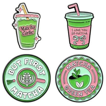 4Pcs Matcha Enamel Pins for Women Cute Novelty Lapel Pin for Backpacks Hats Jackets Lovely Aesthetic Button Badge Brooch Pin Fashion Jewelry Accessories for Purses Lanyards Matcha Lover Gift