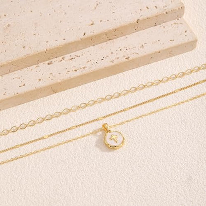 Gold Necklace for Women 14K Gold Plated Layered Cross Bar Necklace Herringbone Figaro Paperclip Flat Chain Cute Charm Accessories Non Tarnish Jewelry Set Gifts for Women - style: R-NK-07-Small cross-GD