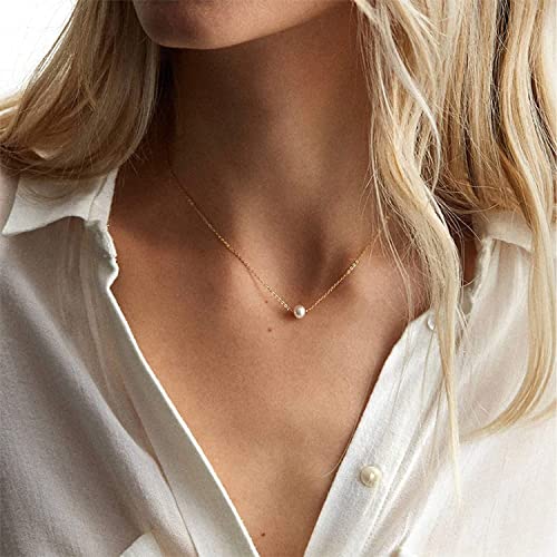 Pearl Necklace for Women, Dainty Pearls Choker Necklace for Women 14K Gold Plated Layered Pendant Necklace Handmade Gold Chain Necklace Everyday Jewelry Gift - color: Single Pearl-Gold
