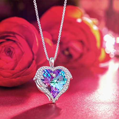 Kate Lynn Angel Wings Heart Necklaces for Women, White Gold Plated - color: Purple Light