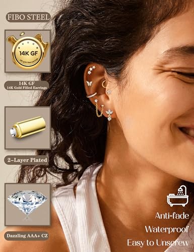 Cartilage Earrings for Women - 14K Gold Plated Flat Back Helix Conch Tragus Piercing Jewelry Single Stainless Steel Stud Earrings Hoops Stackable Set - color: Gold Tone