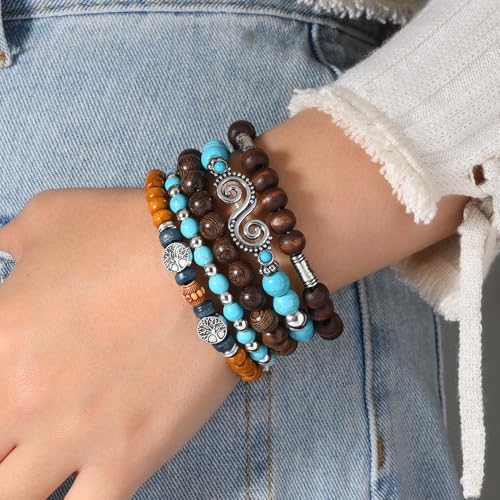 5pcs Wooden Bead Bracelet Set with Charm and Tassel for Men & Women - Stackable Boho Bracelets, Amber Color Scheme Adjustable Bracelet - color: Brown and Light Blue