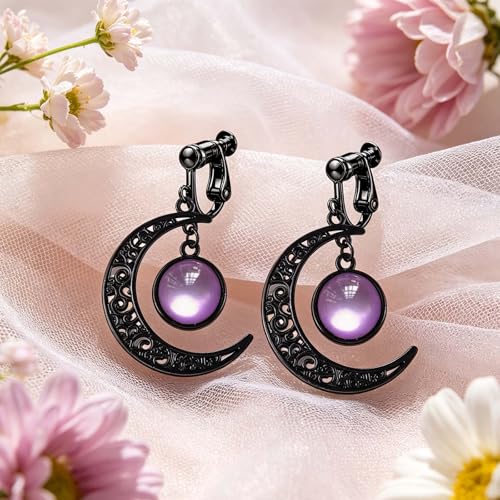Gothic Moon Clip On Earrings for Women Black Filigree Dangle Moon Earrings Halloween Witch Earring Colorful Crystal Vampire Earring Accessories Halloween Jewelry Gifts - color: Purple