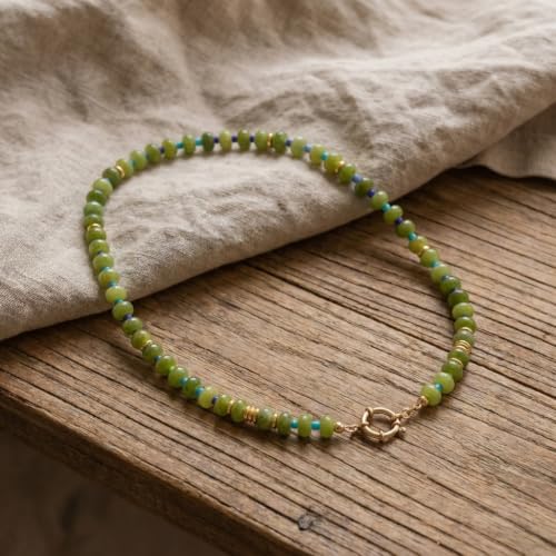 BELLA-Bee Natural Stone Beaded Choker, Multi Color Boho Jewelry Gift | Small bead natural stone choker with stainless steel ring clasp — multicolor stone, handmade healing jewelry for vacation - color: Green