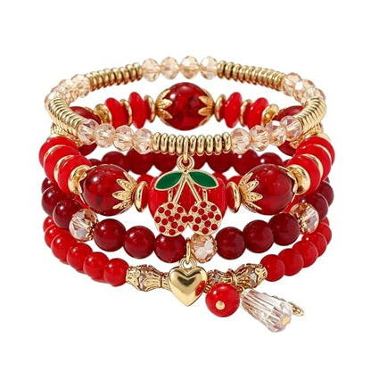 Red Cherry Beaded Bracelets Set for Women Stackable Layered Charm Bracelets Red Beaded Stretch Bracelet Cute Boho Statement Jewelry for Birthday Party Vacation Gift - color: 4PCS Set - Gold Cherry