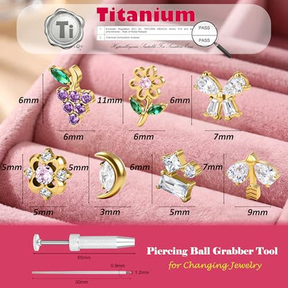 G23 Titanium Gold Filled 16G Cartilage Earring, 6mm 8mm - color: Square CZ, Gold, size: 8MM