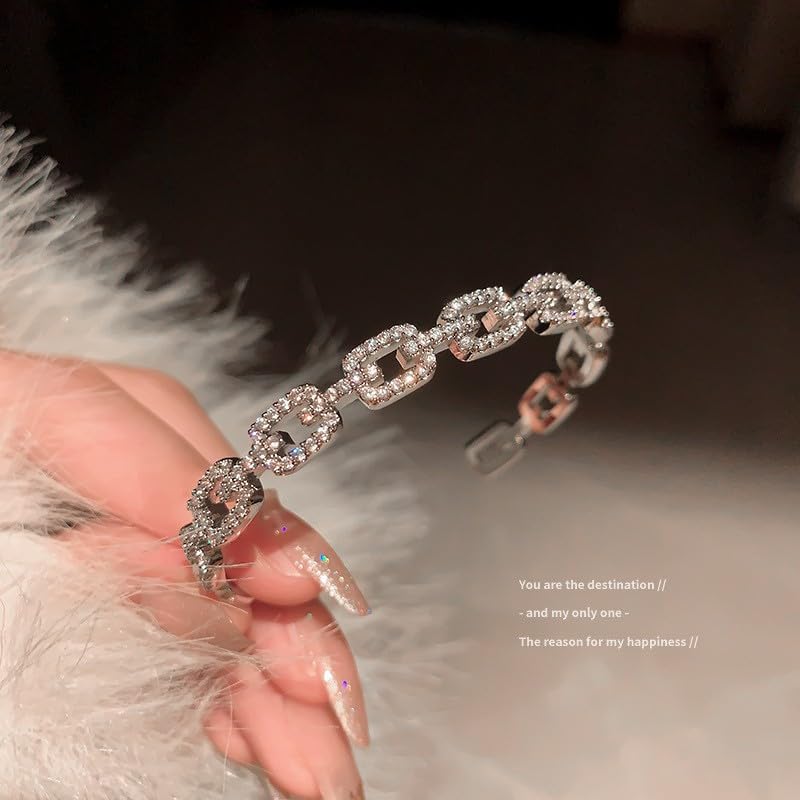 Elegant Geometric Circular Sparkling Open Cuff Bracelet, Versatile Shiny Link Bangle for Women - color: Silver, size: One Size