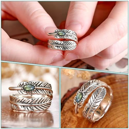 AVECON S925 Sterling Silver Turquoise/Labradorite/Just Breathe/Onyx Rings | Hypoallergenic Adjustable Open Feather Gift Women Men Thumb Spoon Statement Western Band Jewelry for Anniversary - color: Labradorite
