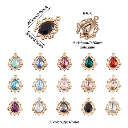 Cheriswelry 30Pcs Teardrop Resin Rhinestone Pendants with Light Gold Alloy Findings Water Drop Faceted Rhinestone Dangle Charms 24.5mm for Women DIY Necklace Earring Bracelet - color: Mixed Color*14