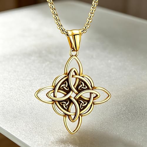 MALOYANVE Celtic Witch Knot Necklace for Men Women Stainless Steel Triquetra Trinity Pendant Irish Celtic Knot Amulet Good Luck Protection Jewelry - color: Gold