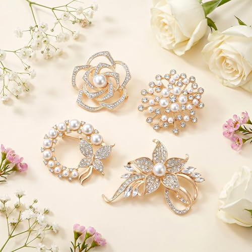 Brooches and Pins for Women 4 Pcs Flower Brooch Pins | Crystal Pearl Brooch Jewelry, Gold Rhinestone, Butterfly Floral Brooches, for Wedding Clothing, Accessory Fashion Jewelry