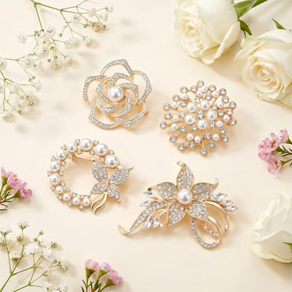 Brooches and Pins for Women 4 Pcs Flower Brooch Pins | Crystal Pearl Brooch Jewelry, Gold Rhinestone, Butterfly Floral Brooches, for Wedding Clothing, Accessory Fashion Jewelry